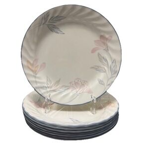 Corelle Pastel‎ Pink Floral Salad Plates Set of 8 Blue Rim Corning USA